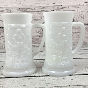 Federal Milk Glass Beer Steins:‎ Tavern Scene, Moonglow Iridescent - Set of 2